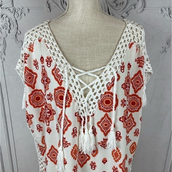 Swimsuit Coverup Top Damask Print Tassel Lace Up Crochet Batwing Plus size - Picture 4 of 12